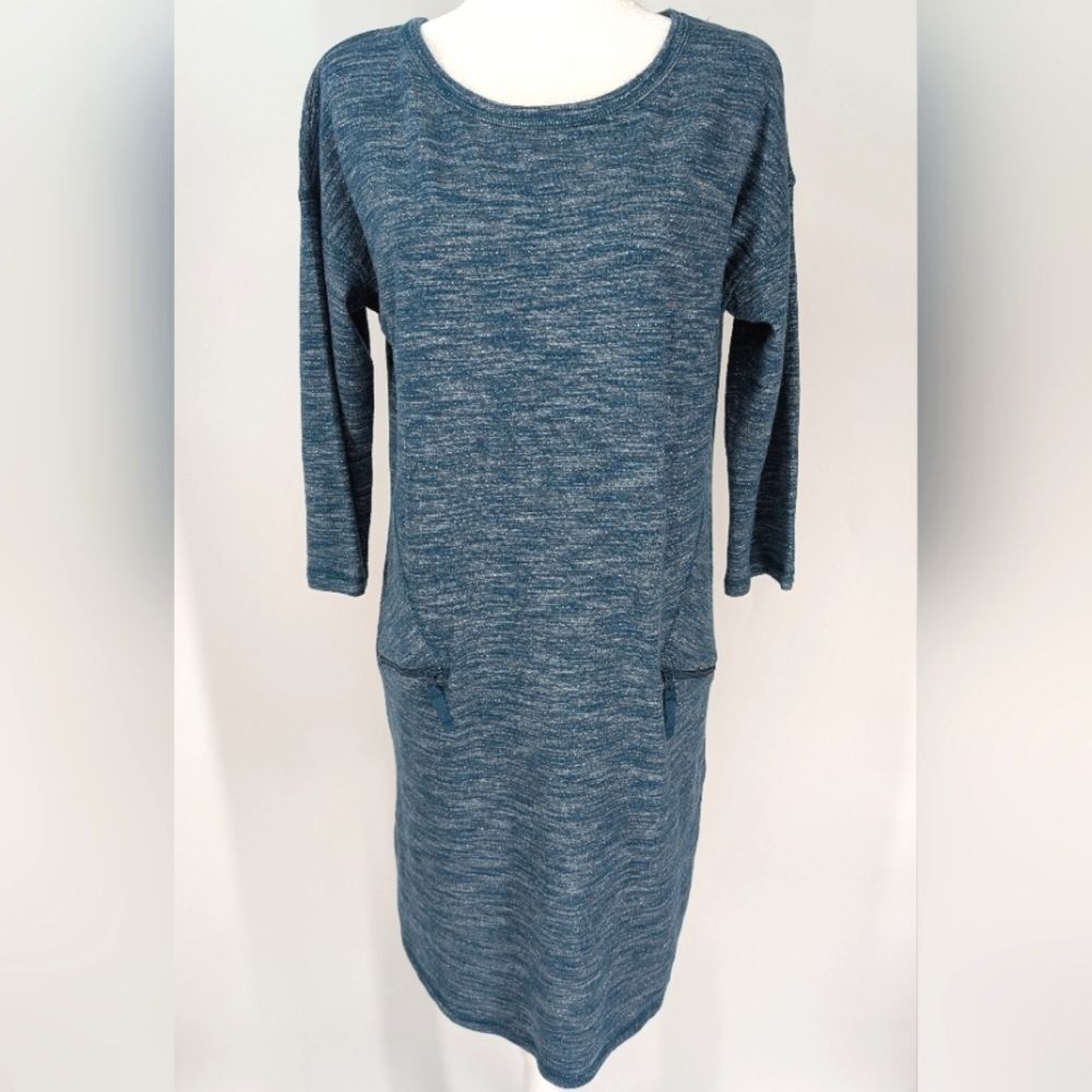 T by Talbots Blue Silver Metallic Cotton Long Sleeve Sporty Dress Medium NWT